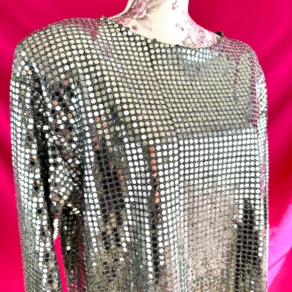 KLG & Co Tops - Vintage Silver‎ Metallic Liquid Metal Top Tunic Medium 1980s Disco Party Glam